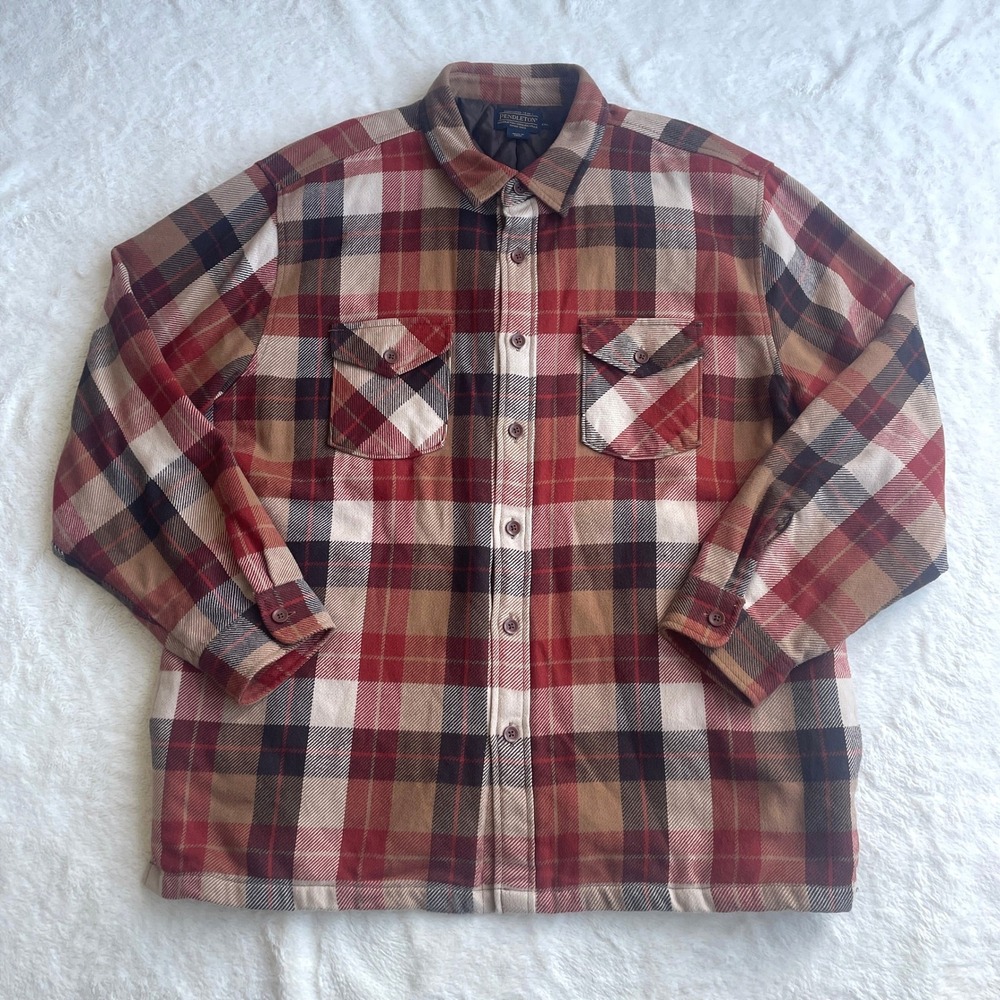 Pendleton Mens Quilted Insulated Plaid Flannel Shirt Jacket Red Brown Size XXL